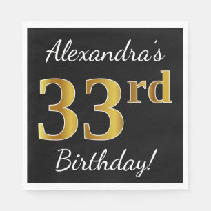 Servilleta De Papel Black, Faux Gold 33rd Birthday + Custom Name