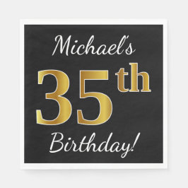 Servilleta De Papel Black, Faux Gold 35th Birthday + Custom Name