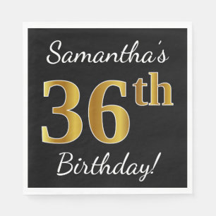 Servilleta De Papel Black, Faux Gold 36th Birthday + Custom Name