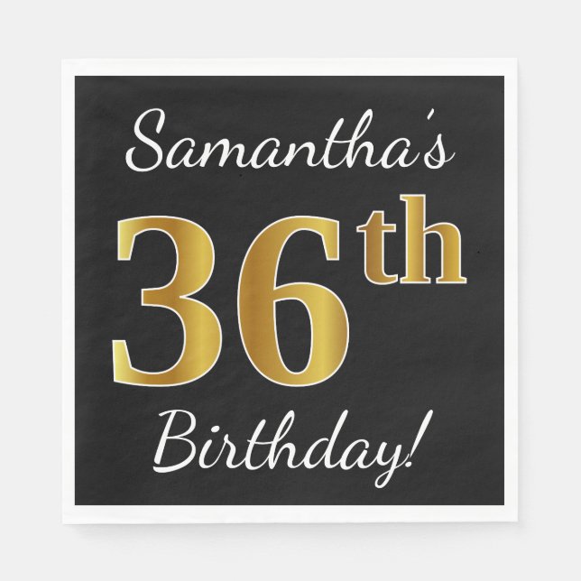 Servilleta De Papel Black, Faux Gold 36th Birthday + Custom Name (Anverso)