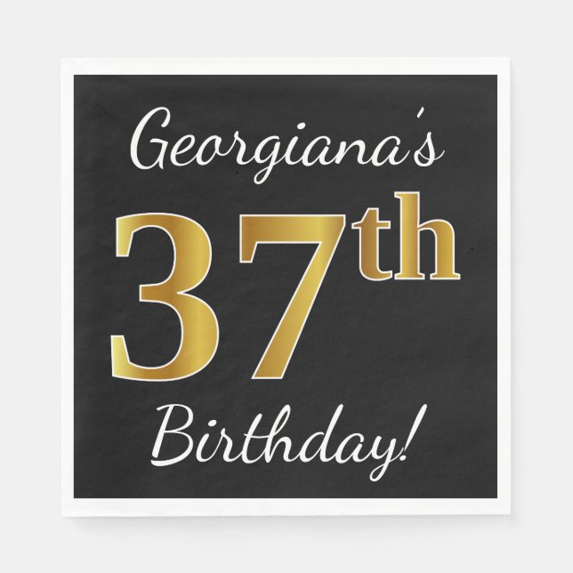 Servilleta De Papel Black, Faux Gold 37th Birthday + Custom Name (Anverso)