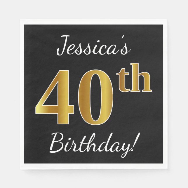 Servilleta De Papel Black, Faux Gold 40th Birthday + Custom Name (Anverso)