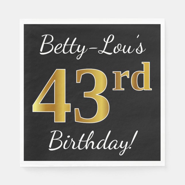Servilleta De Papel Black, Faux Gold 43rd Birthday + Custom Name (Anverso)