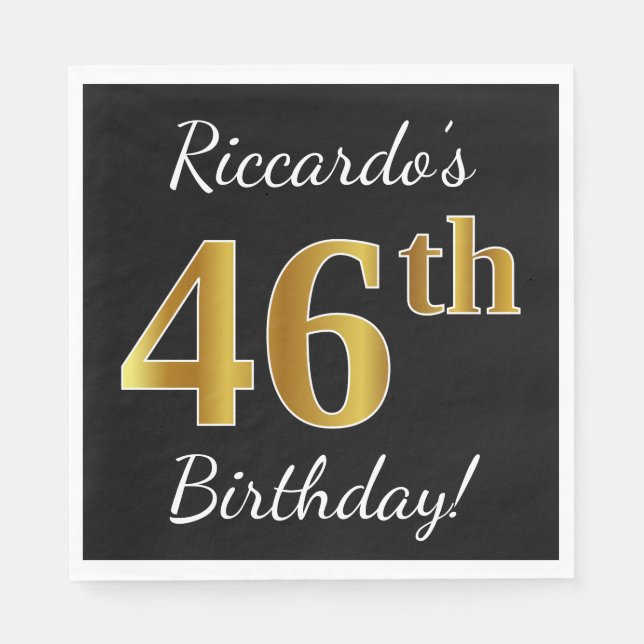 Servilleta De Papel Black, Faux Gold 46th Birthday + Custom Name (Anverso)