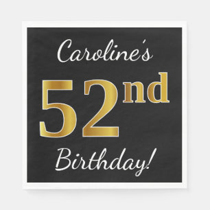 Servilleta De Papel Black, Faux Gold 52nd Birthday + Custom Name