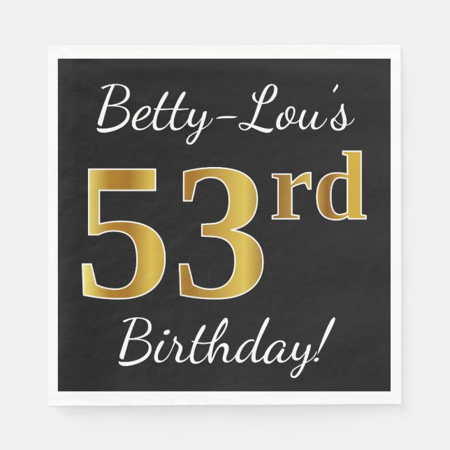Servilleta De Papel Black, Faux Gold 53rd Birthday + Custom Name (Anverso)