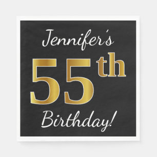 Servilleta De Papel Black, Faux Gold 55th Birthday + Custom Name