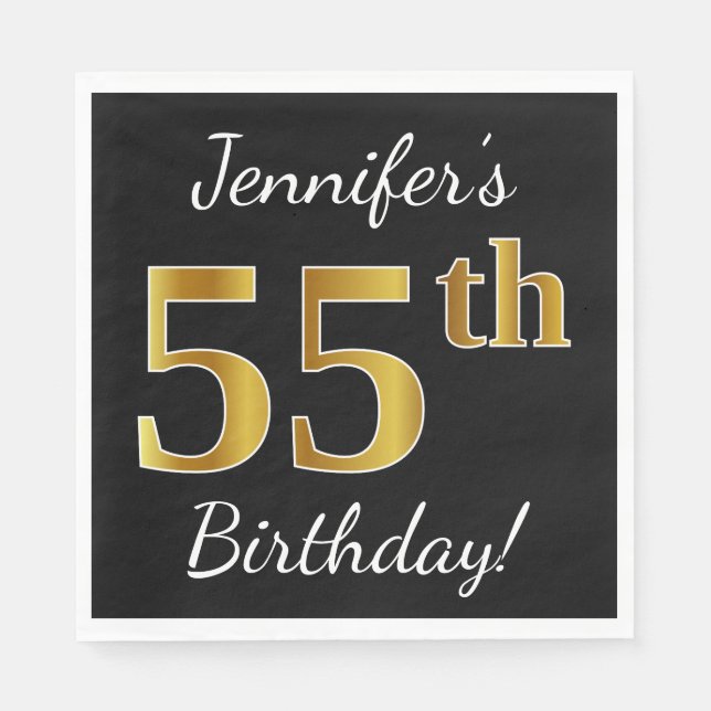 Servilleta De Papel Black, Faux Gold 55th Birthday + Custom Name (Anverso)