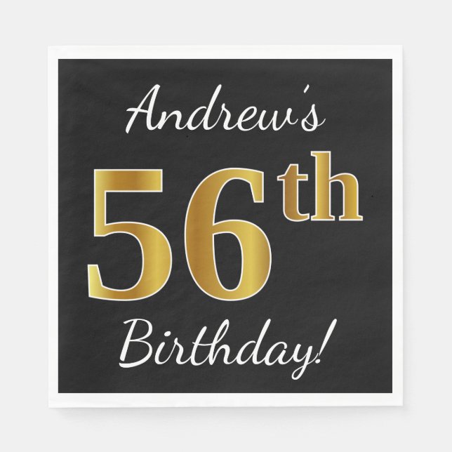 Servilleta De Papel Black, Faux Gold 56th Birthday + Custom Name (Anverso)