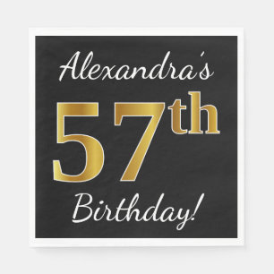 Servilleta De Papel Black, Faux Gold 57th Birthday + Custom Name