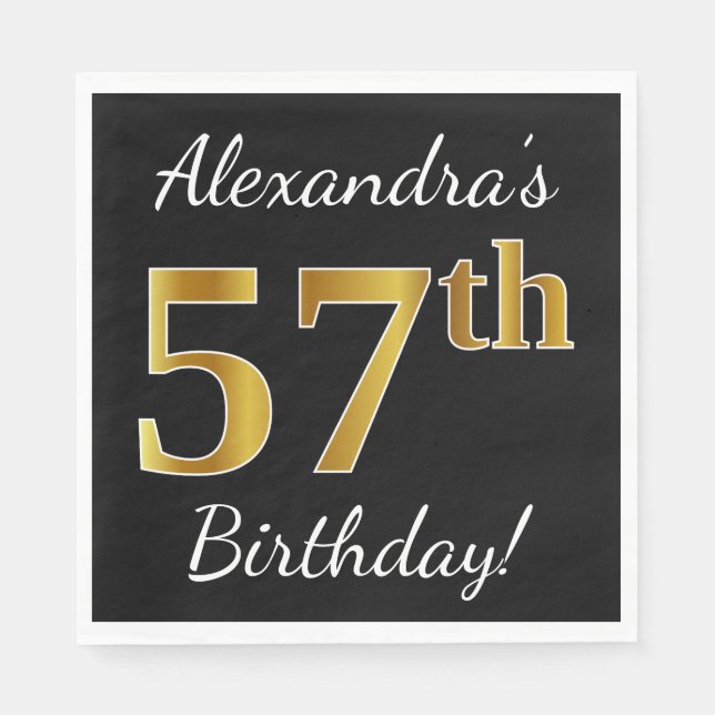 Servilleta De Papel Black, Faux Gold 57th Birthday + Custom Name (Anverso)