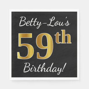 Servilleta De Papel Black, Faux Gold 59th Birthday + Custom Name