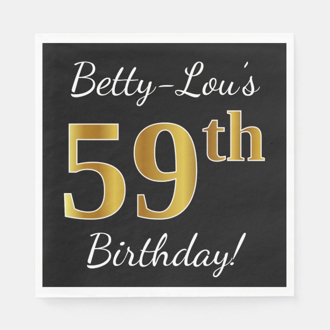 Servilleta De Papel Black, Faux Gold 59th Birthday + Custom Name (Anverso)