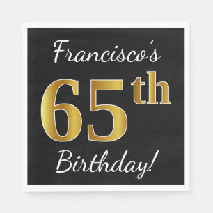 Servilleta De Papel Black, Faux Gold 65th Birthday + Custom Name
