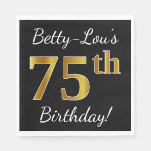 Servilleta De Papel Black, Faux Gold 75th Birthday + Custom Name