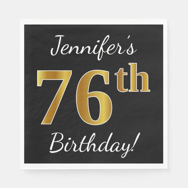 Servilleta De Papel Black, Faux Gold 76th Birthday + Custom Name (Anverso)