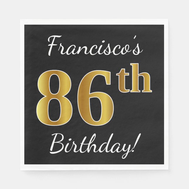 Servilleta De Papel Black, Faux Gold 86th Birthday + Custom Name (Anverso)