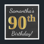 Servilleta De Papel Black, Faux Gold 90th Birthday   Custom Name<br><div class="desc">Este sencillo diseño de servilletas de papel muestra un mensaje como "¡Cumpleaños 90 de Samantha!", con el "90" en una falsa apariencia dorada, sobre un fondo de color negro. El nombre se puede personalizar. Se podría usar en una fiesta de cumpleaños para alguien que esté celebrando su cumpleaños número noventa....</div>