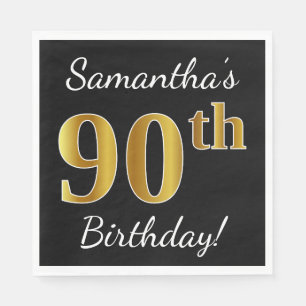 Servilleta De Papel Black, Faux Gold 90th Birthday + Custom Name