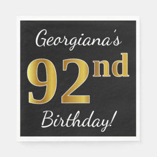 Servilleta De Papel Black, Faux Gold 92nd Birthday + Nombre personaliz