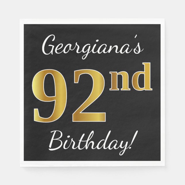 Servilleta De Papel Black, Faux Gold 92nd Birthday + Nombre personaliz (Anverso)