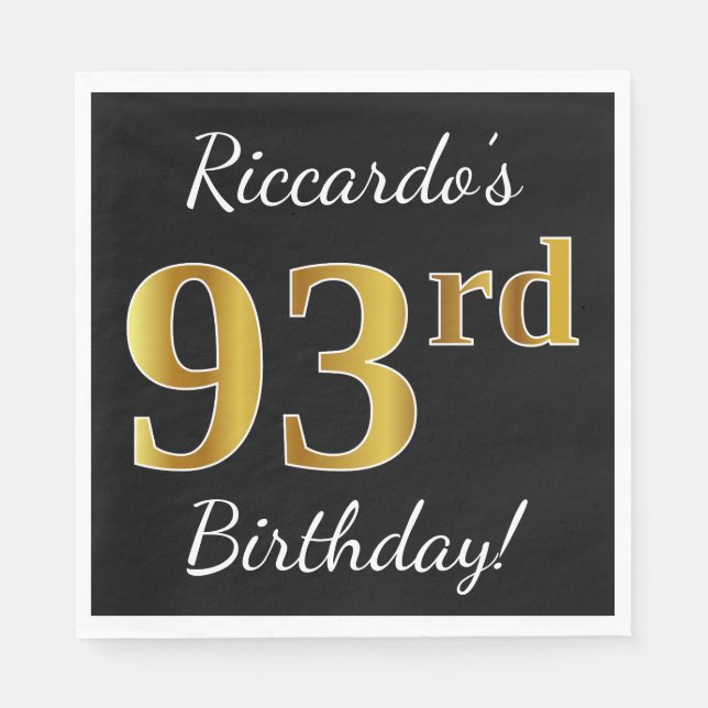Servilleta De Papel Black, Faux Gold 93rd Birthday + Custom Name (Anverso)