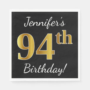 Servilleta De Papel Black, Faux Gold 94th Birthday + Custom Name