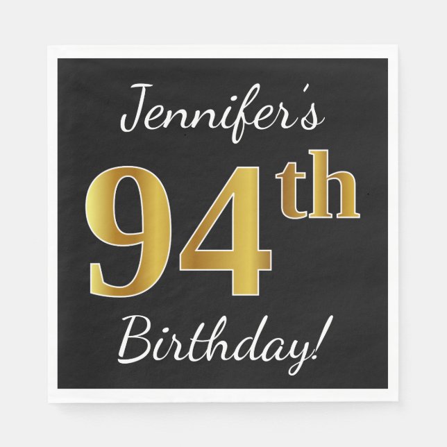 Servilleta De Papel Black, Faux Gold 94th Birthday + Custom Name (Anverso)