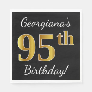 Servilleta De Papel Black, Faux Gold 95th Birthday + Custom Name