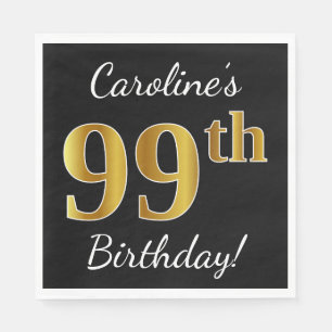 Servilleta De Papel Black, Faux Gold 99th Birthday + Custom Name
