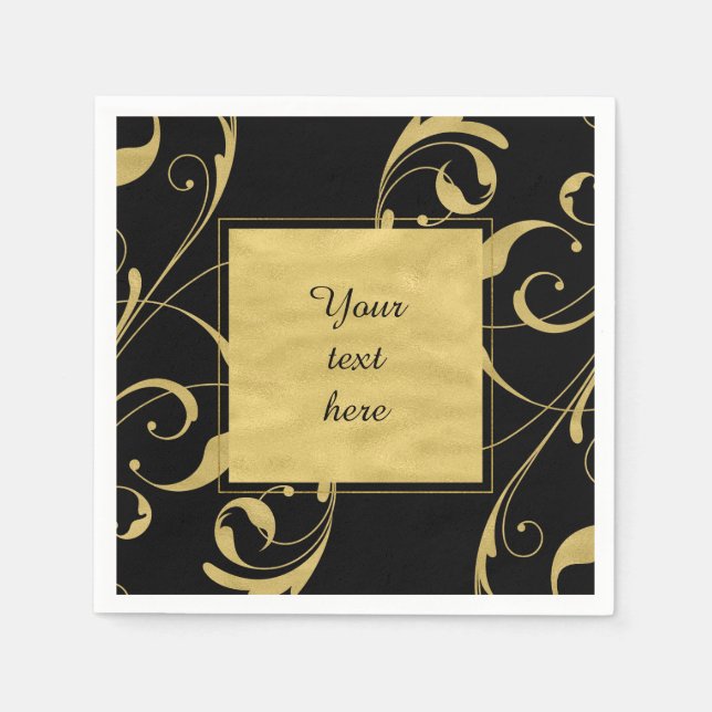 Servilleta De Papel Black & Faux Gold Floral Swirl Elegant Wedding (Anverso)