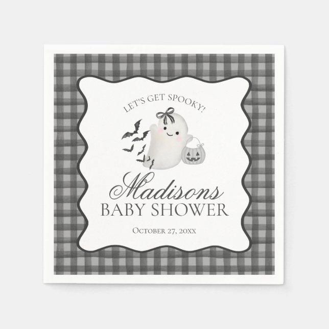 Servilleta De Papel Black Gingham Little Boo Ghost Baby Shower Dessert (Anverso)