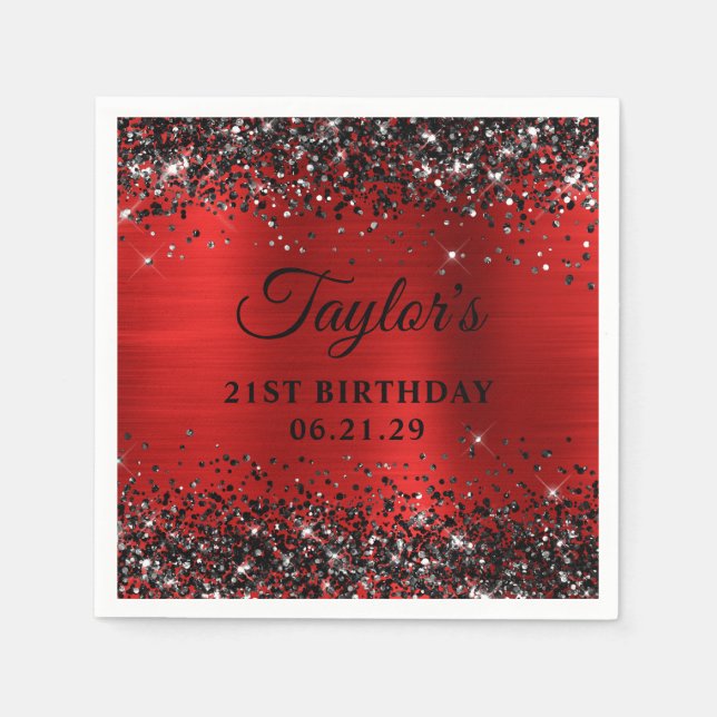 Servilleta De Papel Black Glitter Red Foil 21st Birthday (Anverso)
