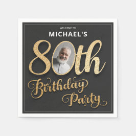 Servilleta De Papel Black Gold Foil Custom Photo 80th Birthday