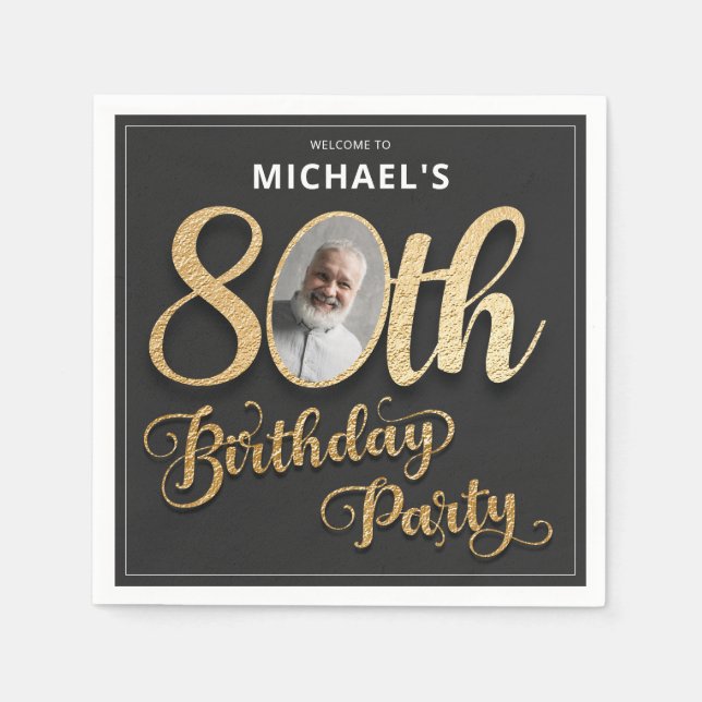 Servilleta De Papel Black Gold Foil Custom Photo 80th Birthday  (Anverso)