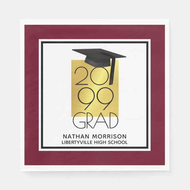 Servilleta De Papel Black & Gold GRAD | Maroon editable | Graduación (Anverso)