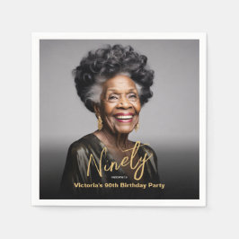 Servilleta De Papel Black Gold Minimal Modern Photo 90th Birthday