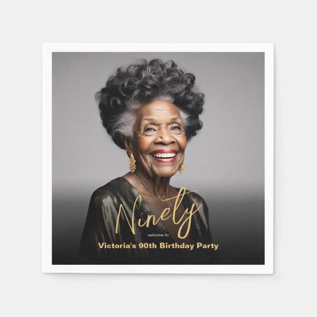 Servilleta De Papel Black Gold Minimal Modern Photo 90th Birthday (Anverso)