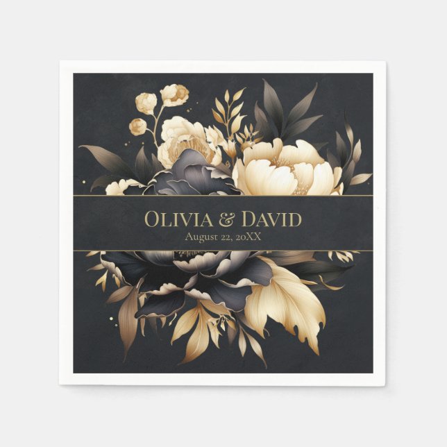 Servilleta De Papel Black & Gold Peony Wedding Napkins (Anverso)