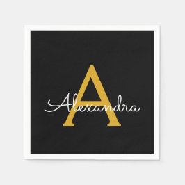 Servilleta De Papel Black Gold Script Monograma Nombre moderno