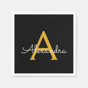 Servilleta De Papel Black Gold Script Monograma Nombre moderno