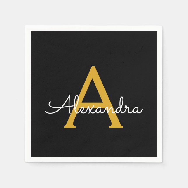 Servilleta De Papel Black Gold Script Monograma Nombre moderno (Anverso)