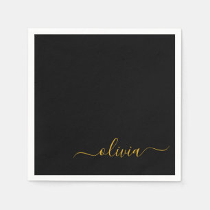 Servilleta De Papel Black Gold Script Monograma Nombre moderno