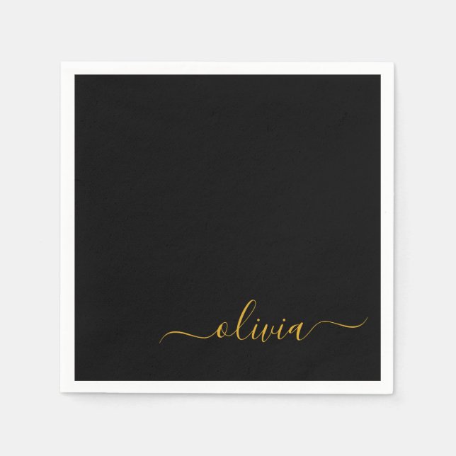 Servilleta De Papel Black Gold Script Monograma Nombre moderno (Anverso)
