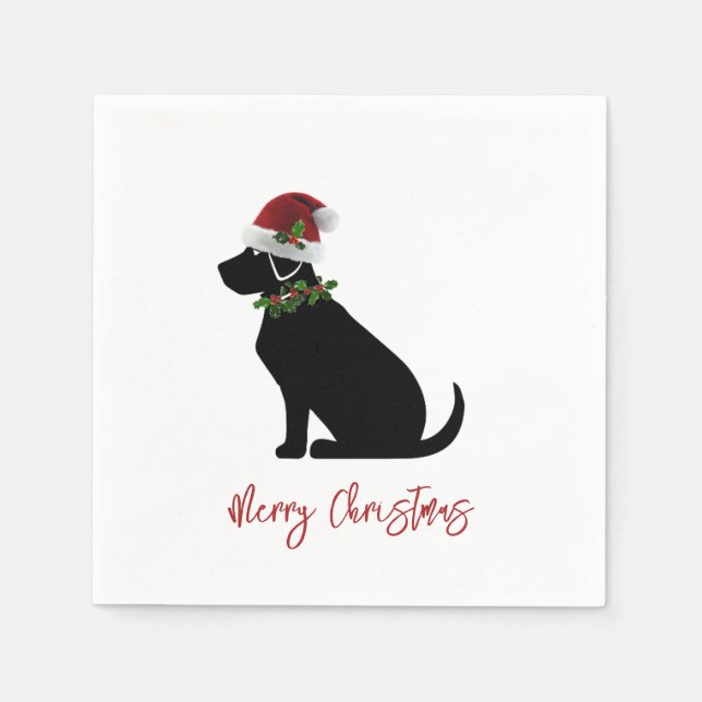 Servilleta De Papel Black Lab Dog Merry Christmas Santa Hat Holly (Anverso)