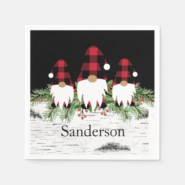 Servilleta De Papel Black Merry Christmas Red Buffalo Plaid Gnome (Anverso)
