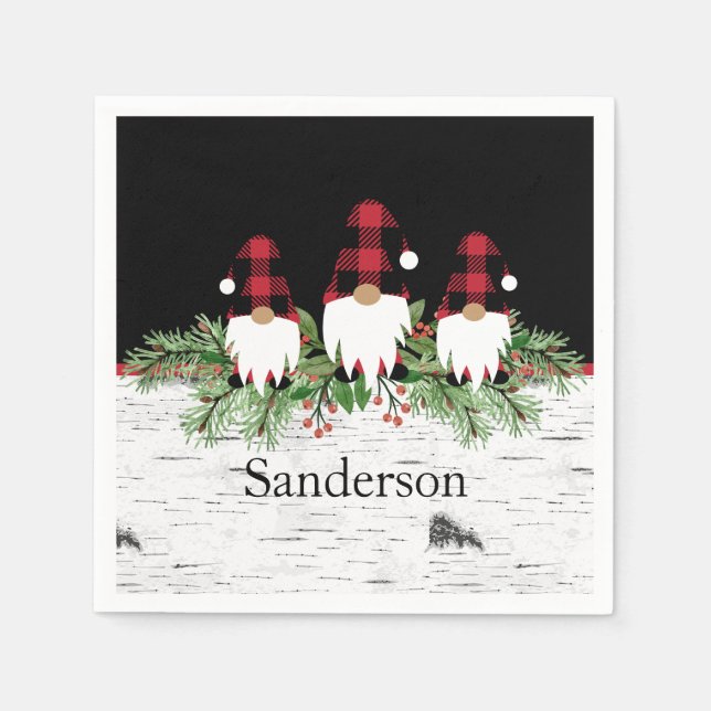 Servilleta De Papel Black Merry Christmas Red Buffalo Plaid Gnome (Anverso)