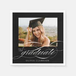 Servilleta De Papel Black Modern Elegant Script Photo Graduation Party
