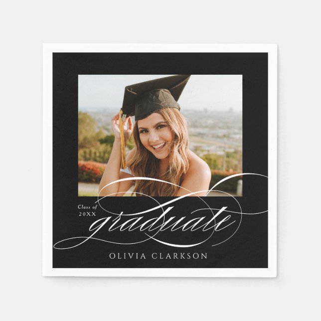 Servilleta De Papel Black Modern Elegant Script Photo Graduation Party (Anverso)