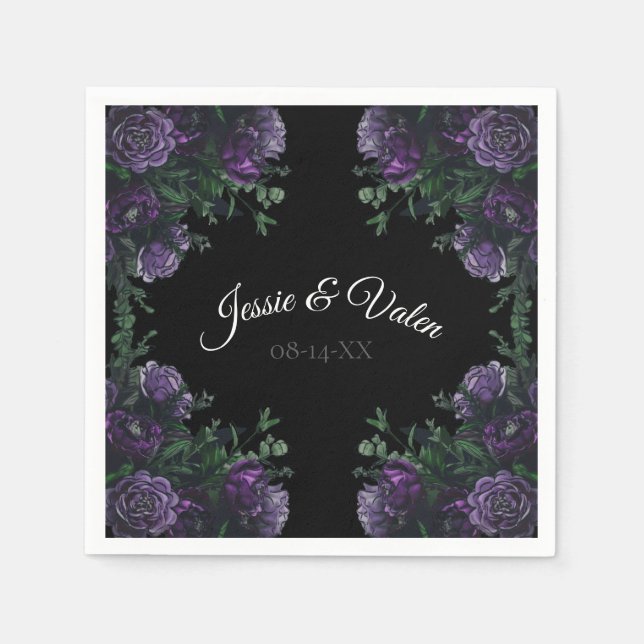 Servilleta De Papel Black Purple Floral Elegant Wedding Gótico (Anverso)